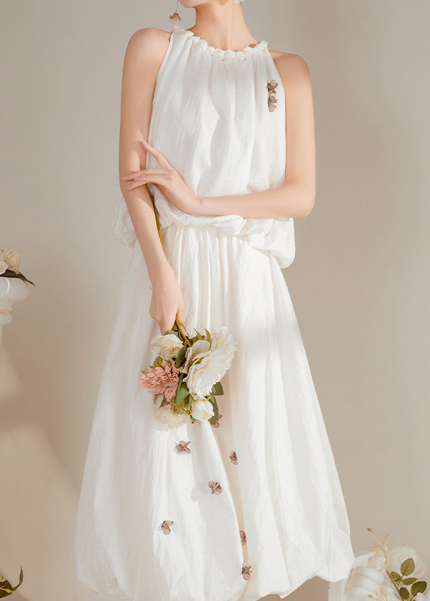Beautiful White O-Neck Floral Top And Maxi Skirts Two Pieces Set Summer