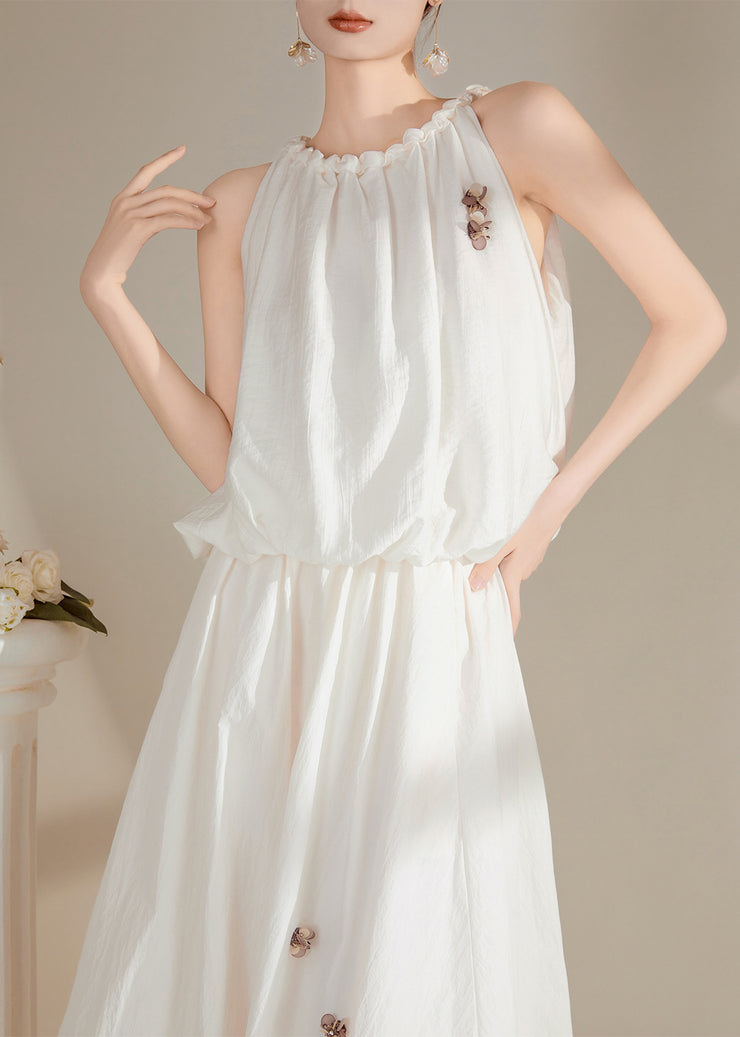 Beautiful White O-Neck Floral Top And Maxi Skirts Two Pieces Set Summer