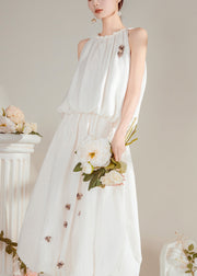 Beautiful White O-Neck Floral Top And Maxi Skirts Two Pieces Set Summer