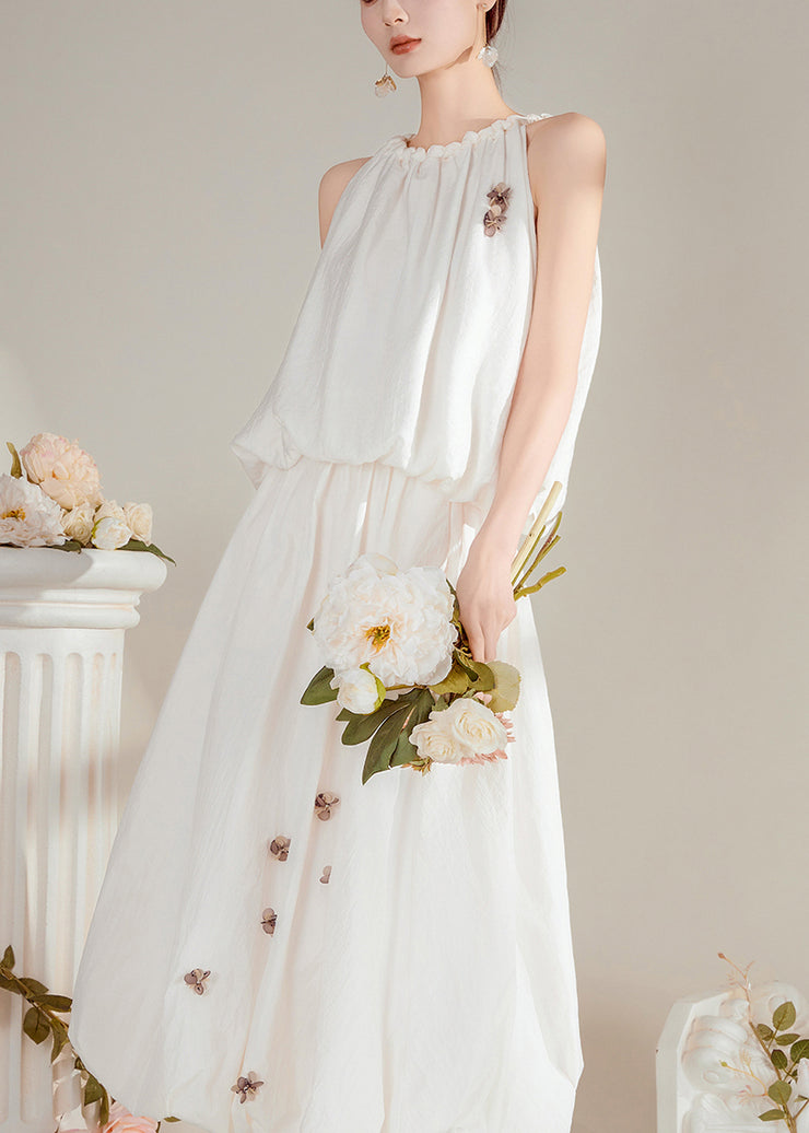 Beautiful White O-Neck Floral Top And Maxi Skirts Two Pieces Set Summer