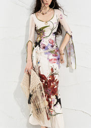 Beautiful White O-Neck Print Side Open Long Dress Flare Sleeve