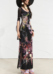 Beautiful White O-Neck Print Side Open Long Dress Flare Sleeve