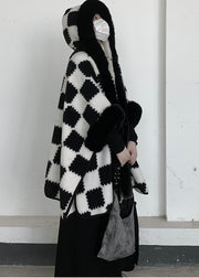Beautiful White Oversized Plaid Woolen Hooded Jacket Winter
