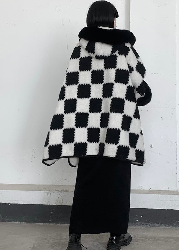 Beautiful White Oversized Plaid Woolen Hooded Jacket Winter