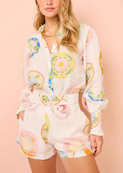 Beautiful White Print Button Shirts And Shorts Two Pieces Set Spring