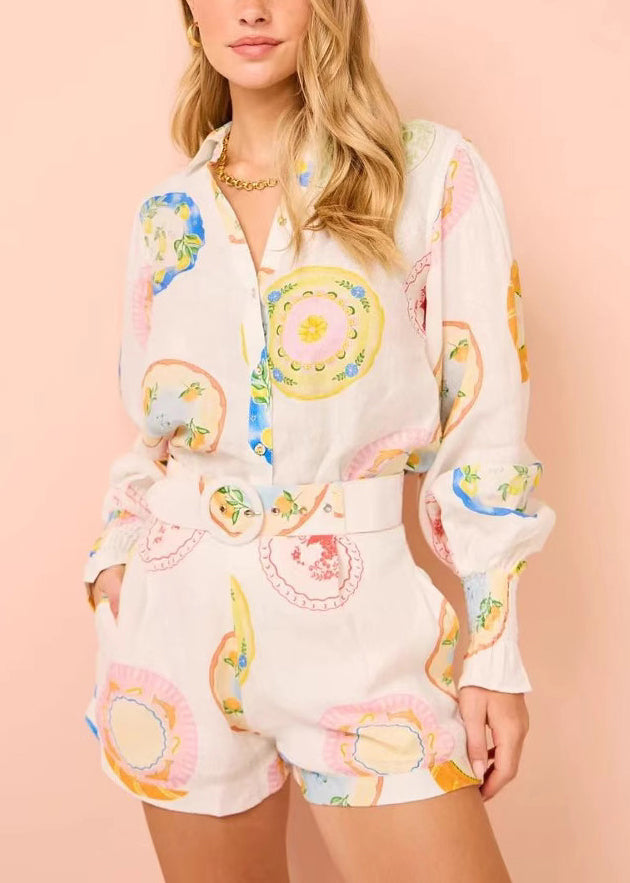 Beautiful White Print Button Shirts And Shorts Two Pieces Set Spring