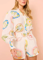 Beautiful White Print Button Shirts And Shorts Two Pieces Set Spring
