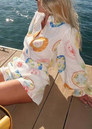 Beautiful White Print Button Shirts And Shorts Two Pieces Set Spring