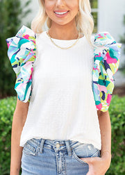 Beautiful White Print Chiffon Patchwork T Shirt Short Sleeve