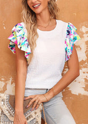 Beautiful White Print Chiffon Patchwork T Shirt Short Sleeve