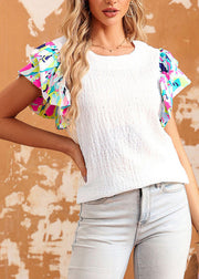 Beautiful White Print Chiffon Patchwork T Shirt Short Sleeve