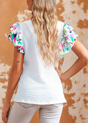 Beautiful White Print Chiffon Patchwork T Shirt Short Sleeve