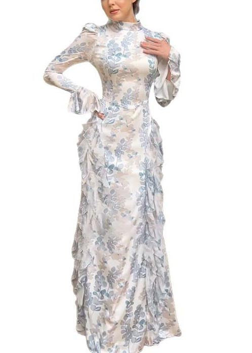 Beautiful White Print Ruffles Chiffon Long Dresses Spring
