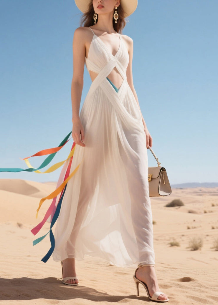 Beautiful White Sheer Hollow Out Tulle Beach Dress Summer