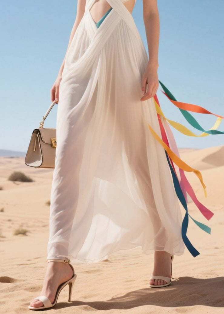 Beautiful White Sheer Hollow Out Tulle Beach Dress Summer