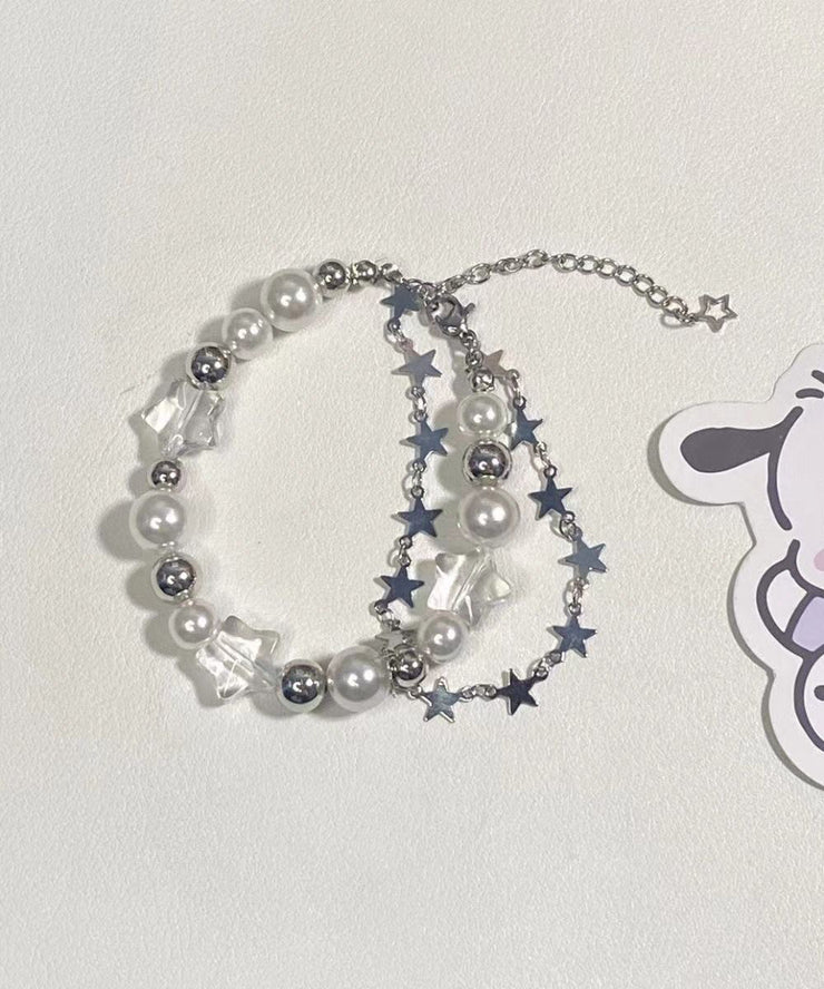 Beautiful White Stainless Steel Star Double-Layer Pearl Charm Bracelet