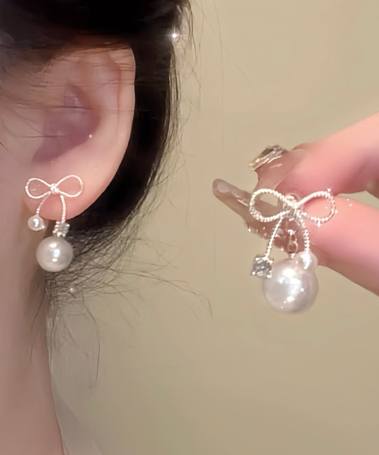 Beautiful White Sterling Silver Alloy Pearl Bow Drop Earrings
