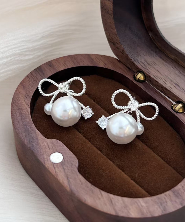 Beautiful White Sterling Silver Alloy Pearl Bow Drop Earrings