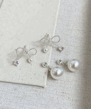 Beautiful White Sterling Silver Alloy Pearl Bow Drop Earrings