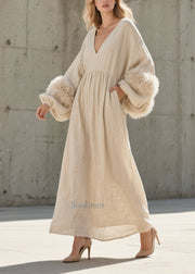 Beautiful White V Neck Patchwork Faux Fur Ankle Dress Lantern Sleeve