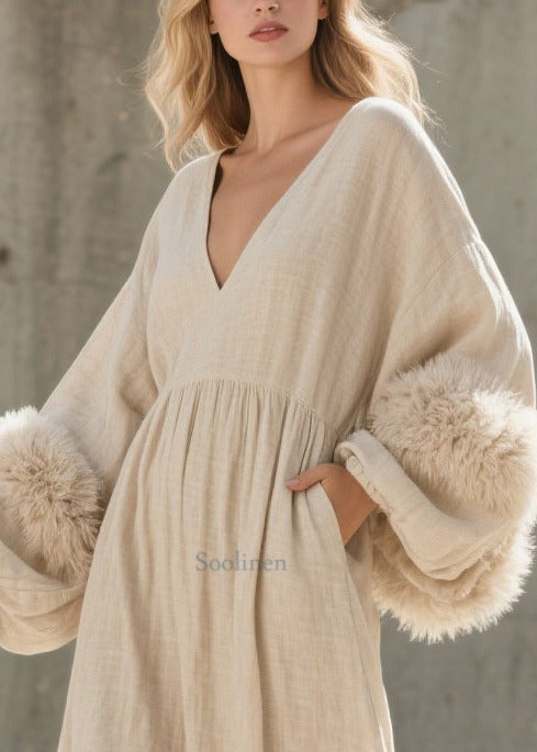 Beautiful White V Neck Patchwork Faux Fur Ankle Dress Lantern Sleeve