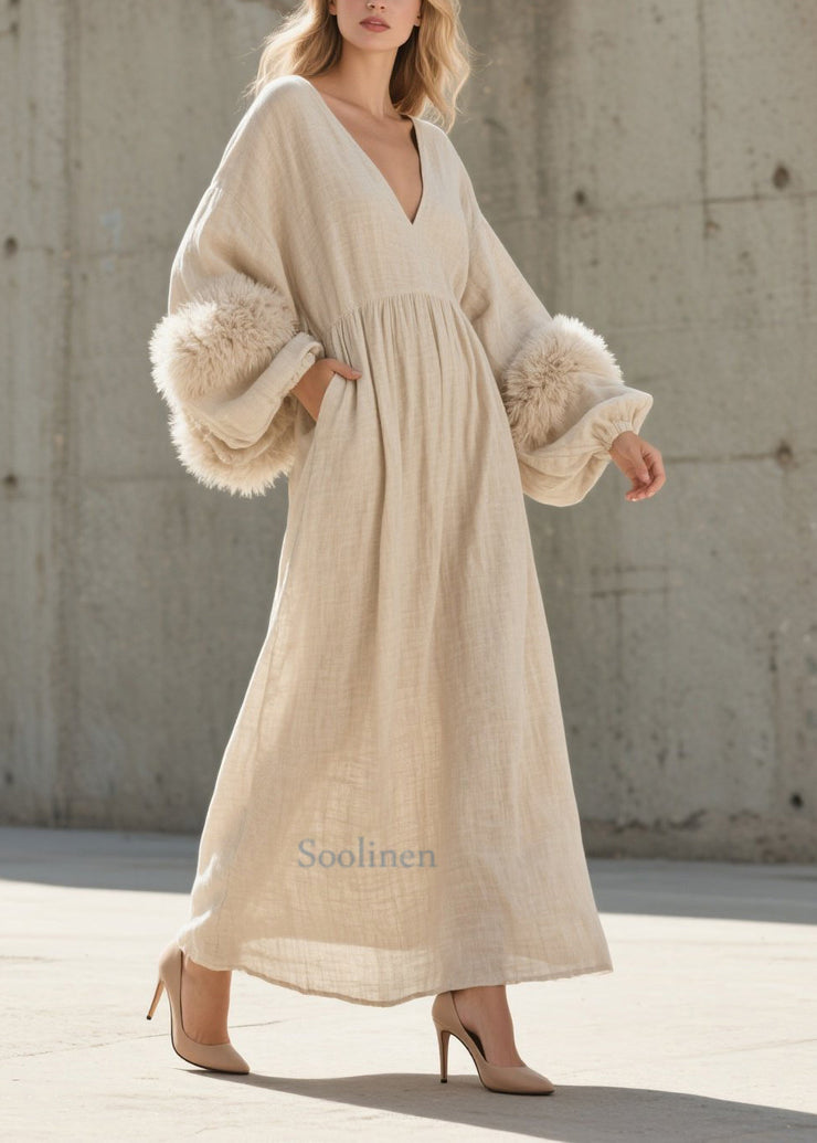 Beautiful White V Neck Patchwork Faux Fur Ankle Dress Lantern Sleeve