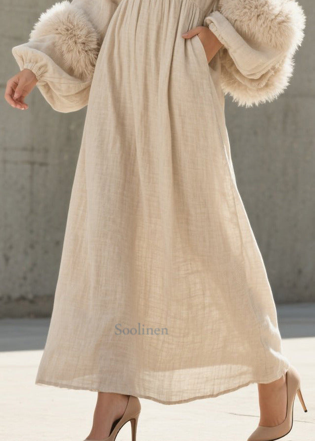 Beautiful White V Neck Patchwork Faux Fur Ankle Dress Lantern Sleeve