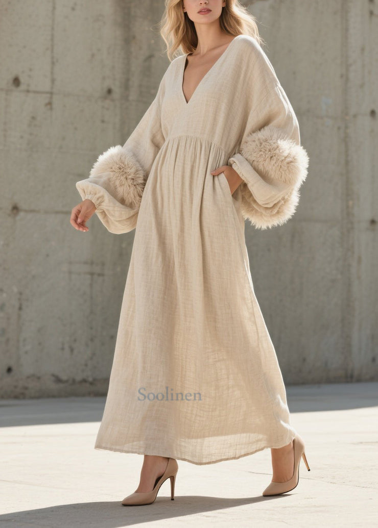 Beautiful White V Neck Patchwork Faux Fur Ankle Dress Lantern Sleeve