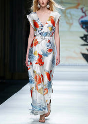 Beautiful White V Neck Print Silk Tunic Dresses Summer