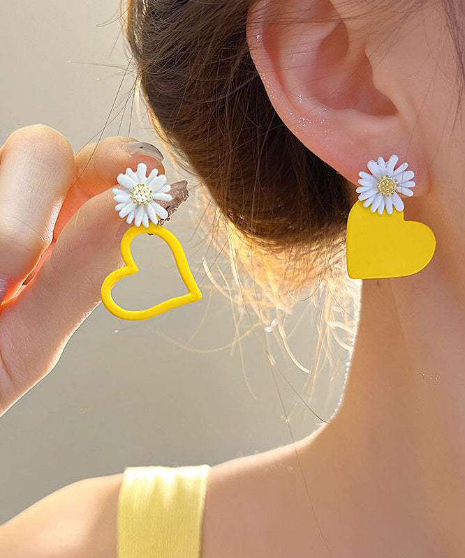 Beautiful Yellow Alloy Baked Enamel Floral Asymmetrical Love Stud Earrings