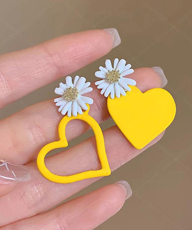 Beautiful Yellow Alloy Baked Enamel Floral Asymmetrical Love Stud Earrings