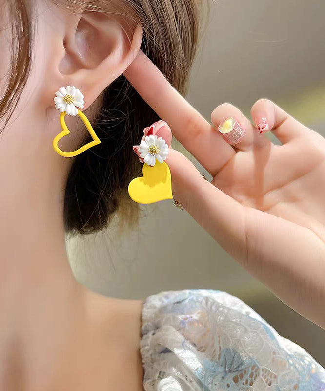 Beautiful Yellow Alloy Baked Enamel Floral Asymmetrical Love Stud Earrings
