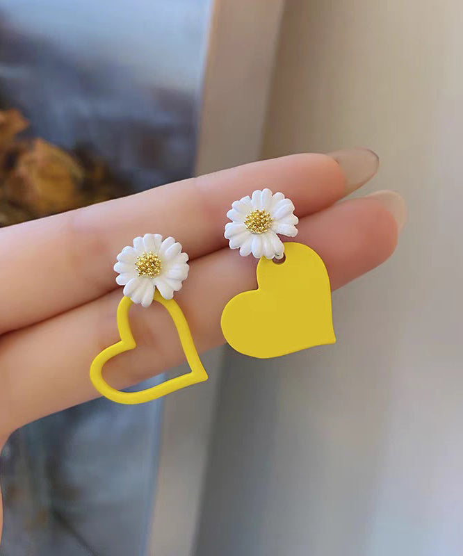 Beautiful Yellow Alloy Baked Enamel Floral Asymmetrical Love Stud Earrings