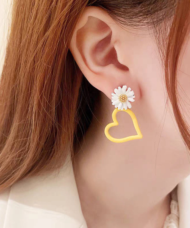 Beautiful Yellow Alloy Baked Enamel Floral Asymmetrical Love Stud Earrings