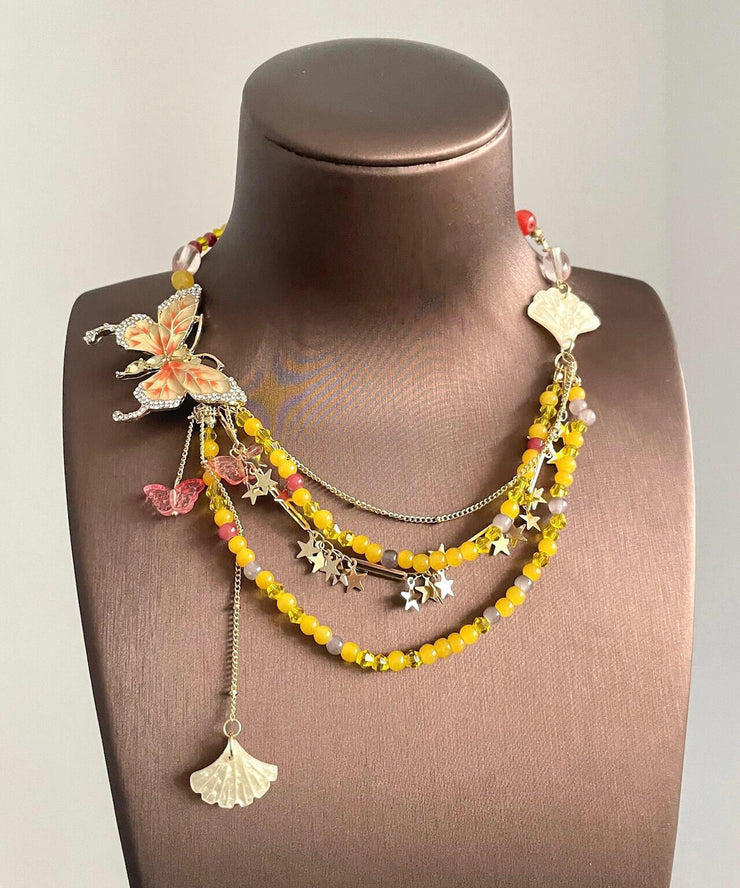 Beautiful Yellow Alloy Zircon Beading Butterfly Star Pendant Necklace