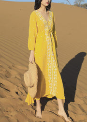 Beautiful Yellow Embroidered Lace Up Cotton Long Dresses Bracelet Sleeve