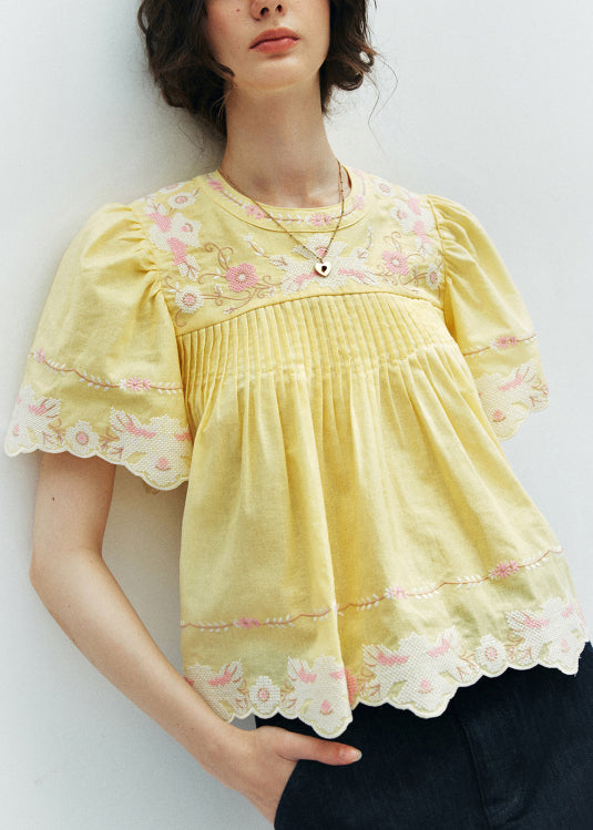 Beautiful Yellow Embroidered Puff Sleeve Cotton Shirt