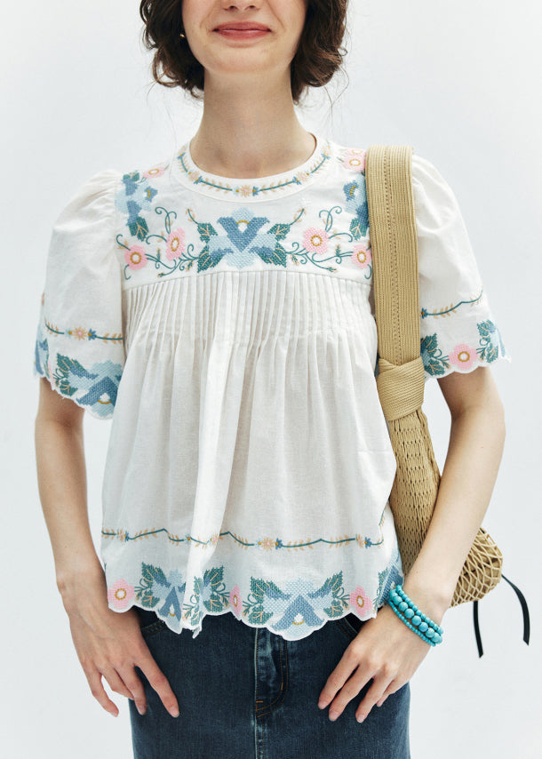 Beautiful Yellow Embroidered Puff Sleeve Cotton Shirt
