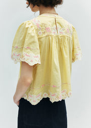 Beautiful Yellow Embroidered Puff Sleeve Cotton Shirt