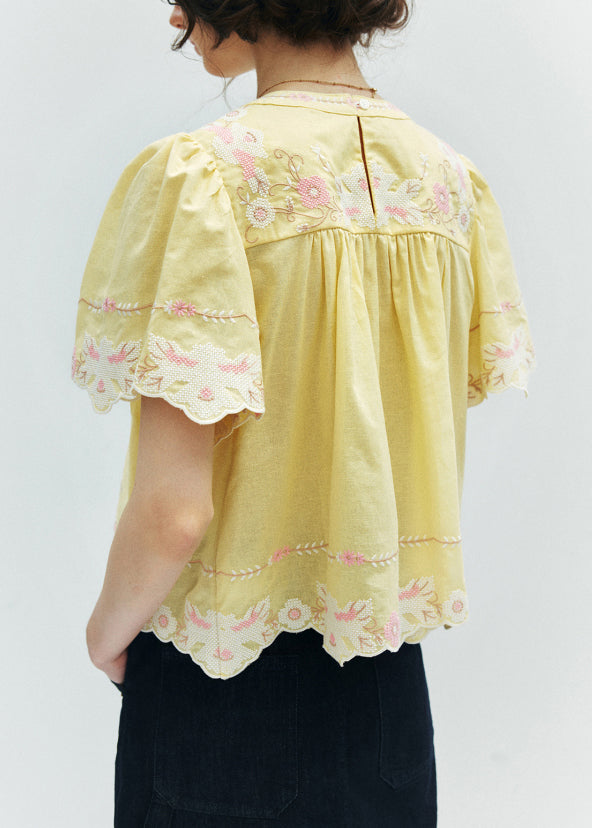 Beautiful Yellow Embroidered Puff Sleeve Cotton Shirt