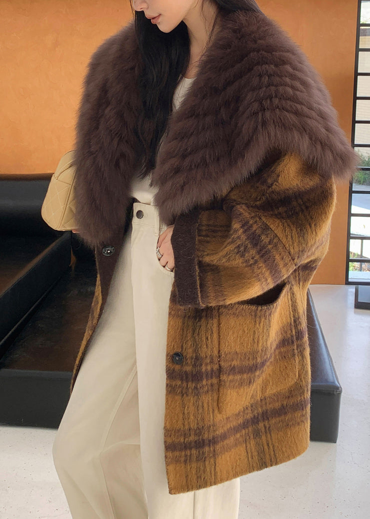 Beautiful Yellow Fur Collar Plaid Pockets Wear On Both Sides Woolen Coats Fall