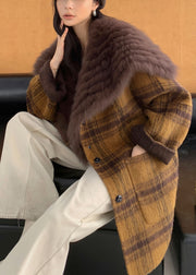 Beautiful Yellow Fur Collar Plaid Pockets Wear On Both Sides Woolen Coats Fall