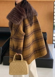 Beautiful Yellow Fur Collar Plaid Pockets Wear On Both Sides Woolen Coats Fall