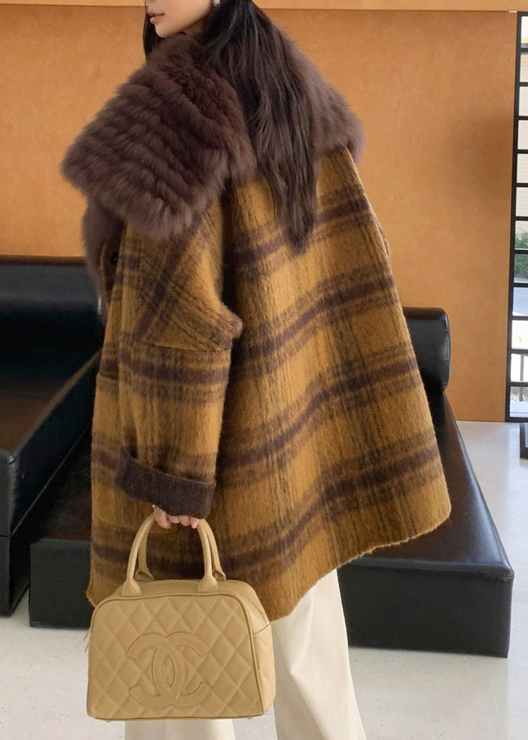 Beautiful Yellow Fur Collar Plaid Pockets Wear On Both Sides Woolen Coats Fall