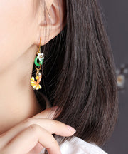 Beautiful Yellow Green Cloisonne Shell Flower Chalcedony Goldfish Drop Earrings