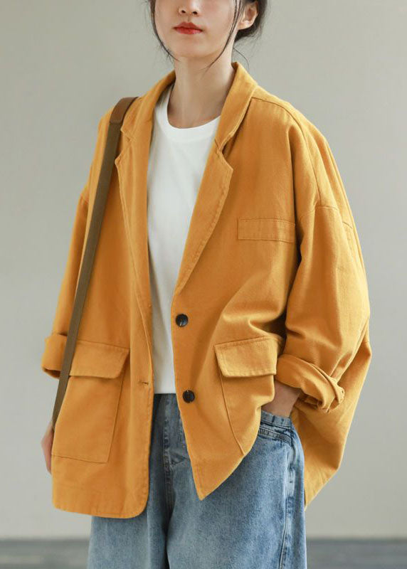 Beautiful Yellow Notched Pockets Patchwork Cotton Coats Spring