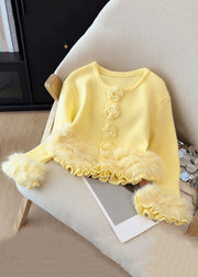 Beautiful Yellow O Neck Fluffy Patchwork Knit Sweater Winter