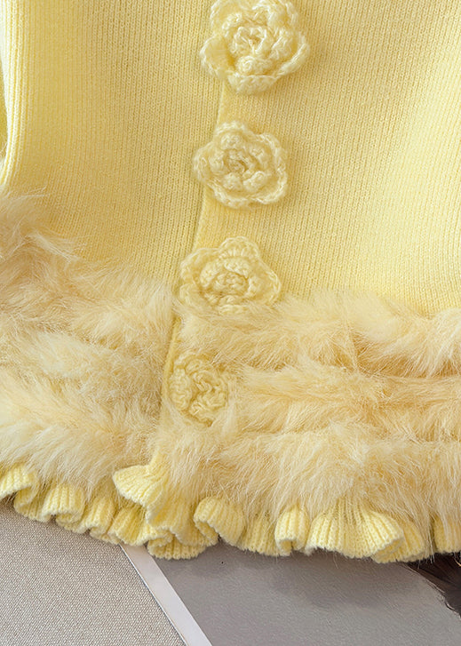 Beautiful Yellow O Neck Fluffy Patchwork Knit Sweater Winter
