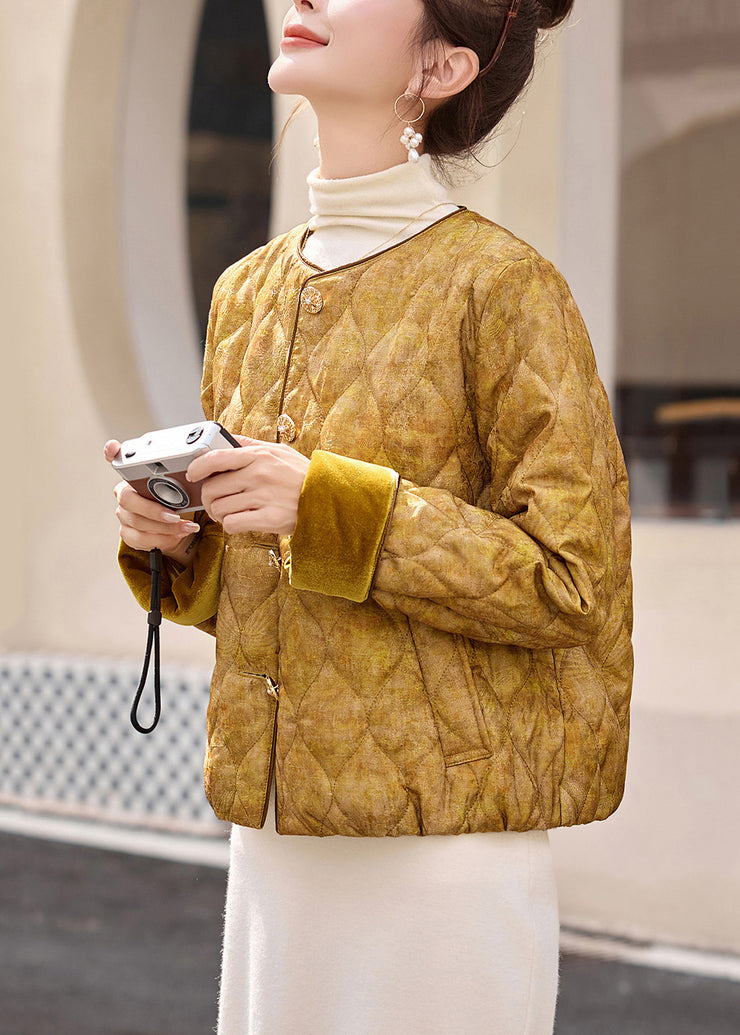 Beautiful Yellow O Neck Pockets Jacquard Fine Cotton Filled Jacket Winter