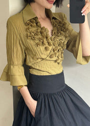 Beautiful Yellow Peter Pan Collar Wrinkled Cotton Shirts Bracelet Sleeve